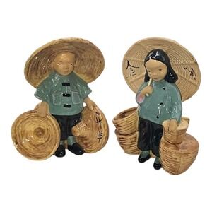 McCarty Bros California Pottery VTG Asian Boy & Girl Planter Vases Blue Clothing